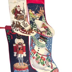 Lot of four vintage Needlepoint Christmas Stockings